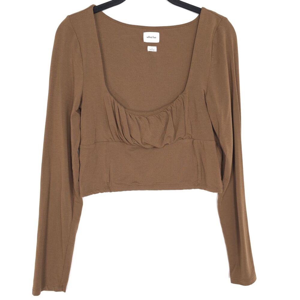 WILFRED FREE Brown Crop Top LARGE Long Sleeve Ruched Scoop Neck Women